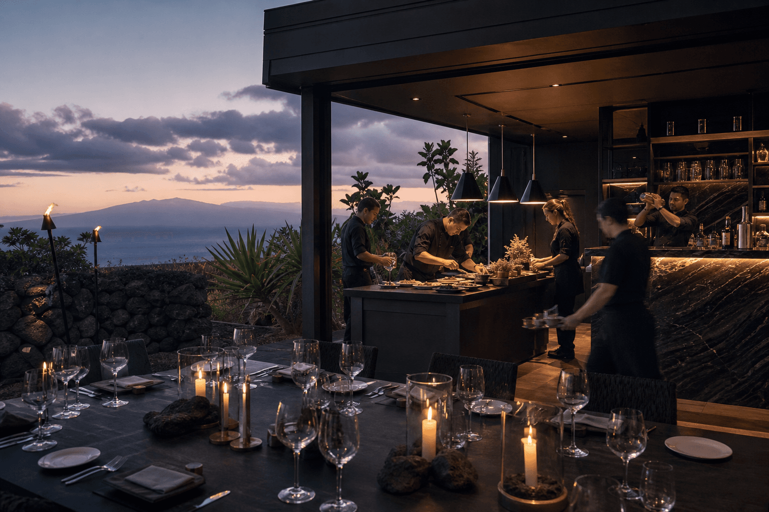 A west-side Hawaiʻi Island villa brigade on a Kohala lava terrace at twilight — chefs plating, service moving, Mauna Kea faint.