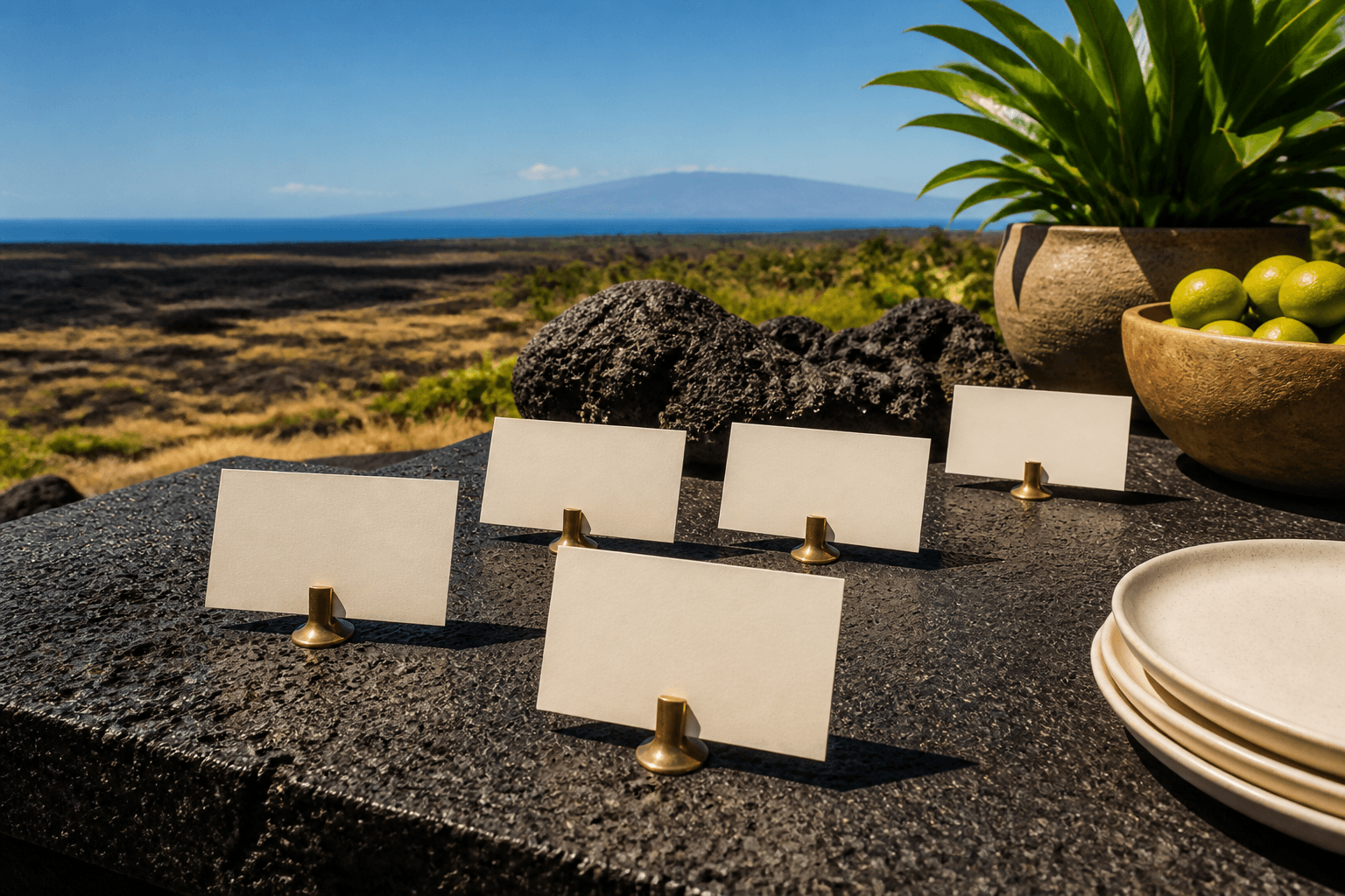 A Kohala lava-stone counter in hard sun with blank cream place cards, brass clip, Mauna Kea faint.