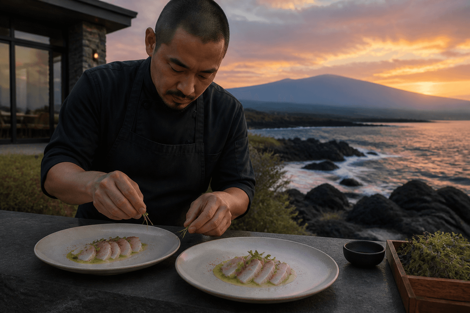A chef plating two intimate ivory kanpachi dishes on a Kohala lava terrace at sunset, Mauna Kea faint.