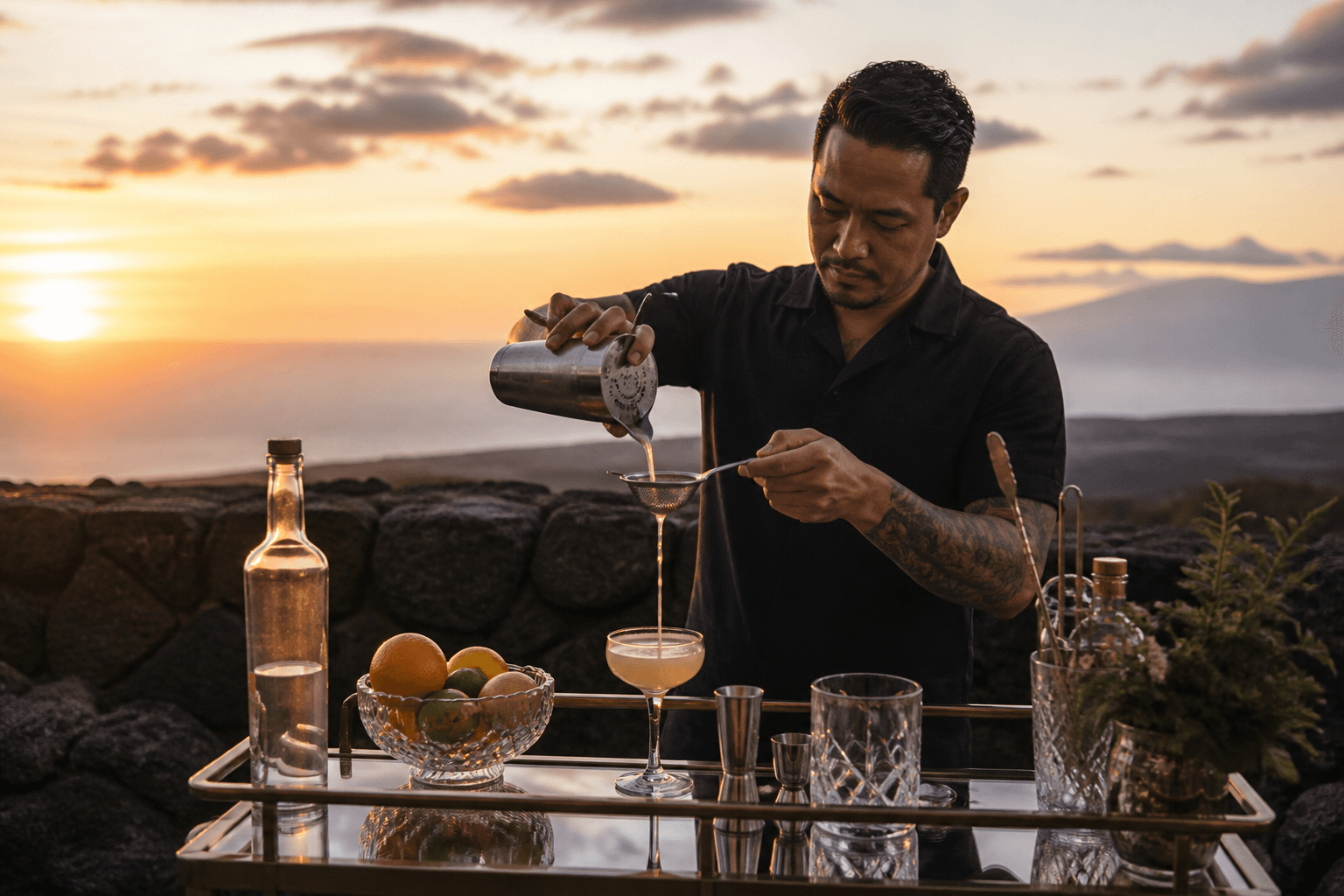 A bartender straining a citrus cocktail on a Kohala lava terrace at sunset, unlabeled bottle.