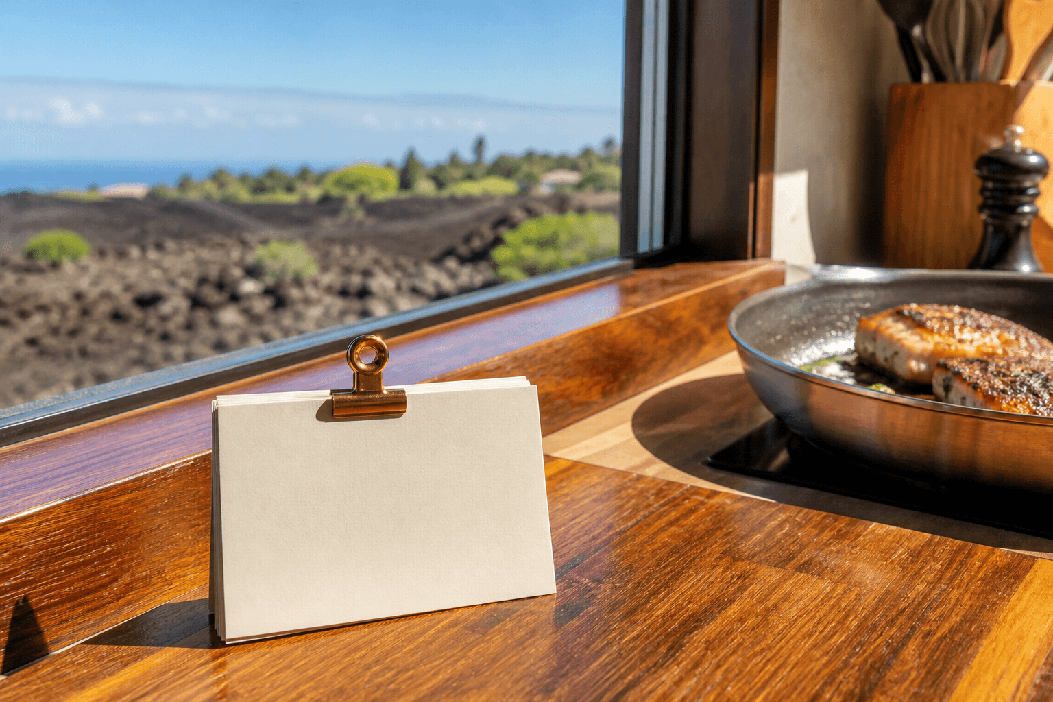 Short note cards on a Kona window-kitchen counter, seared-fish pan, dry lava and coffee slope beyond.