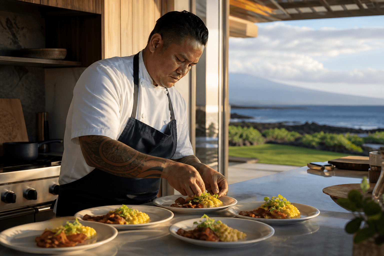 A chef plating morning breakfast on ivory plates in a Waikoloa villa kitchen, lava coast morning.