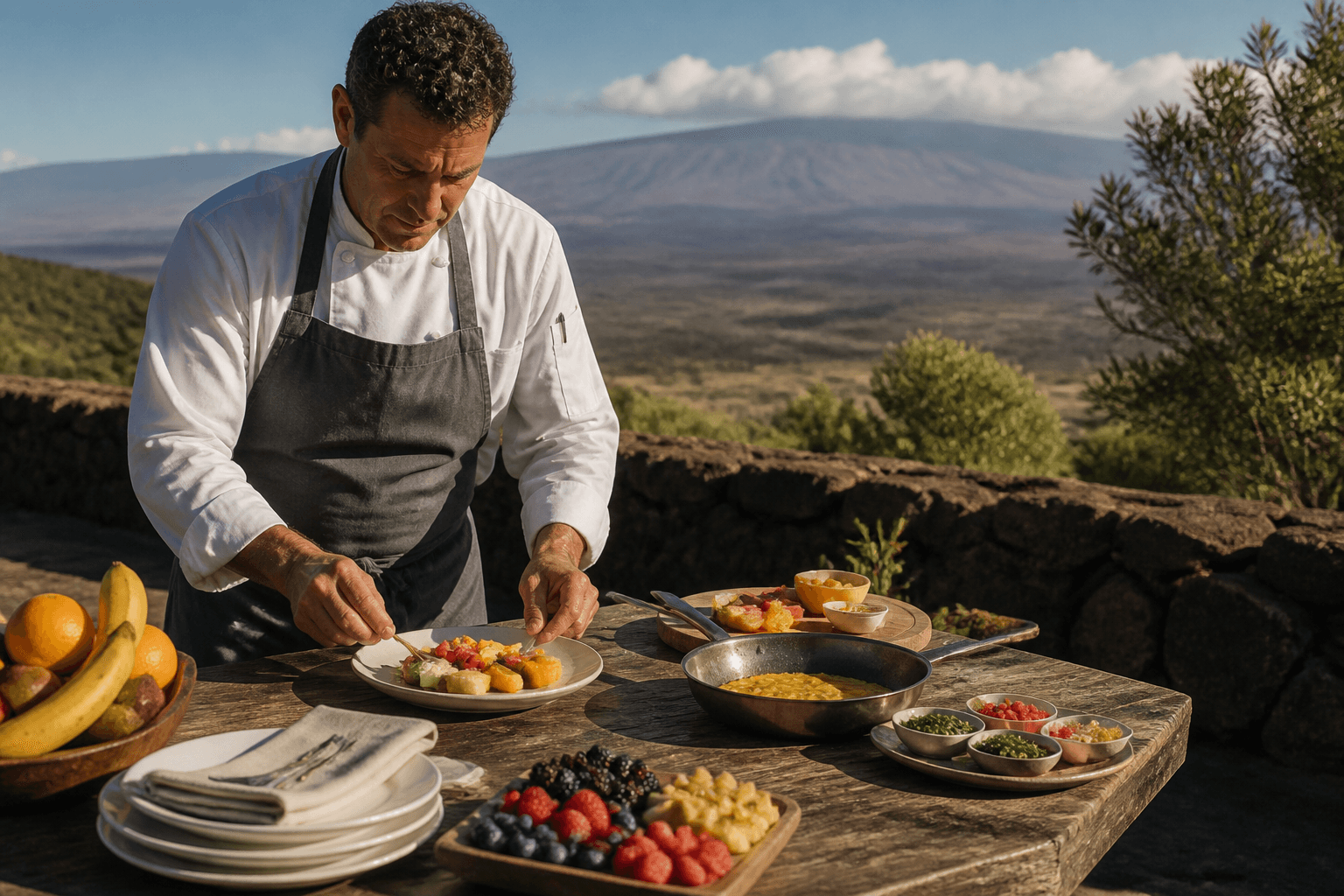 A chef plating recovery brunch fruit and eggs on a Kohala lava terrace in morning sun, Mauna Kea faint.