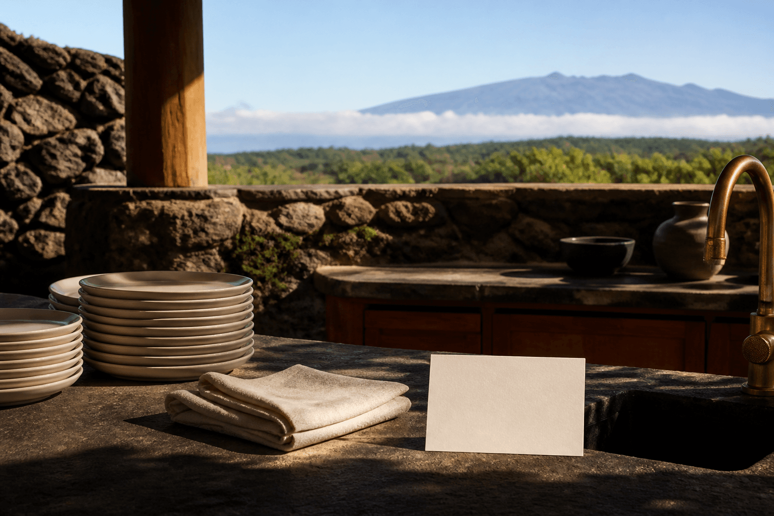 Stacked plates and folded sand linen on a Kona lava-stone kitchen after service in hard sun.