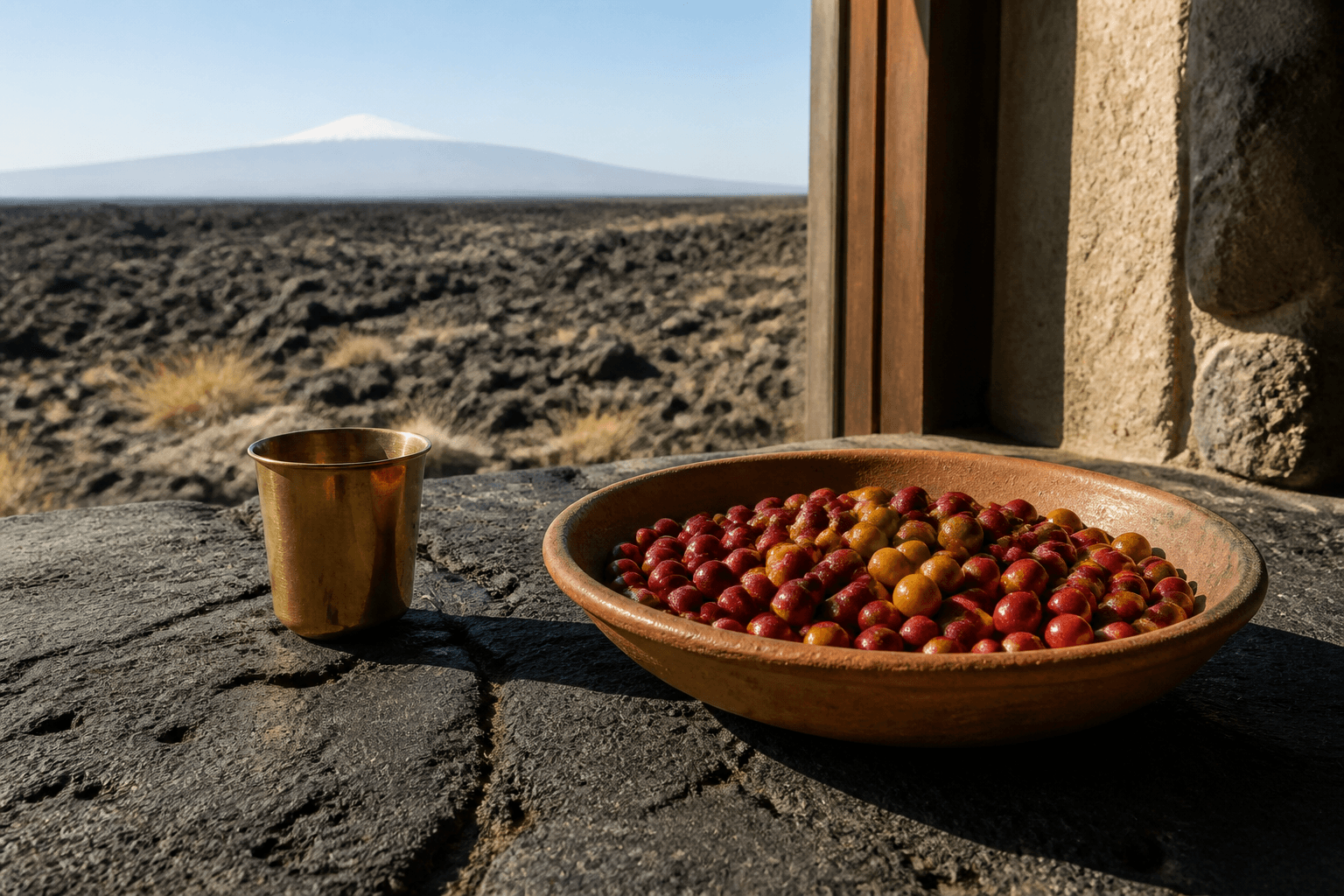 Unmarked coffee cherries in a clay bowl on a Kohala lava-stone counter in hard sun, no farm labels.