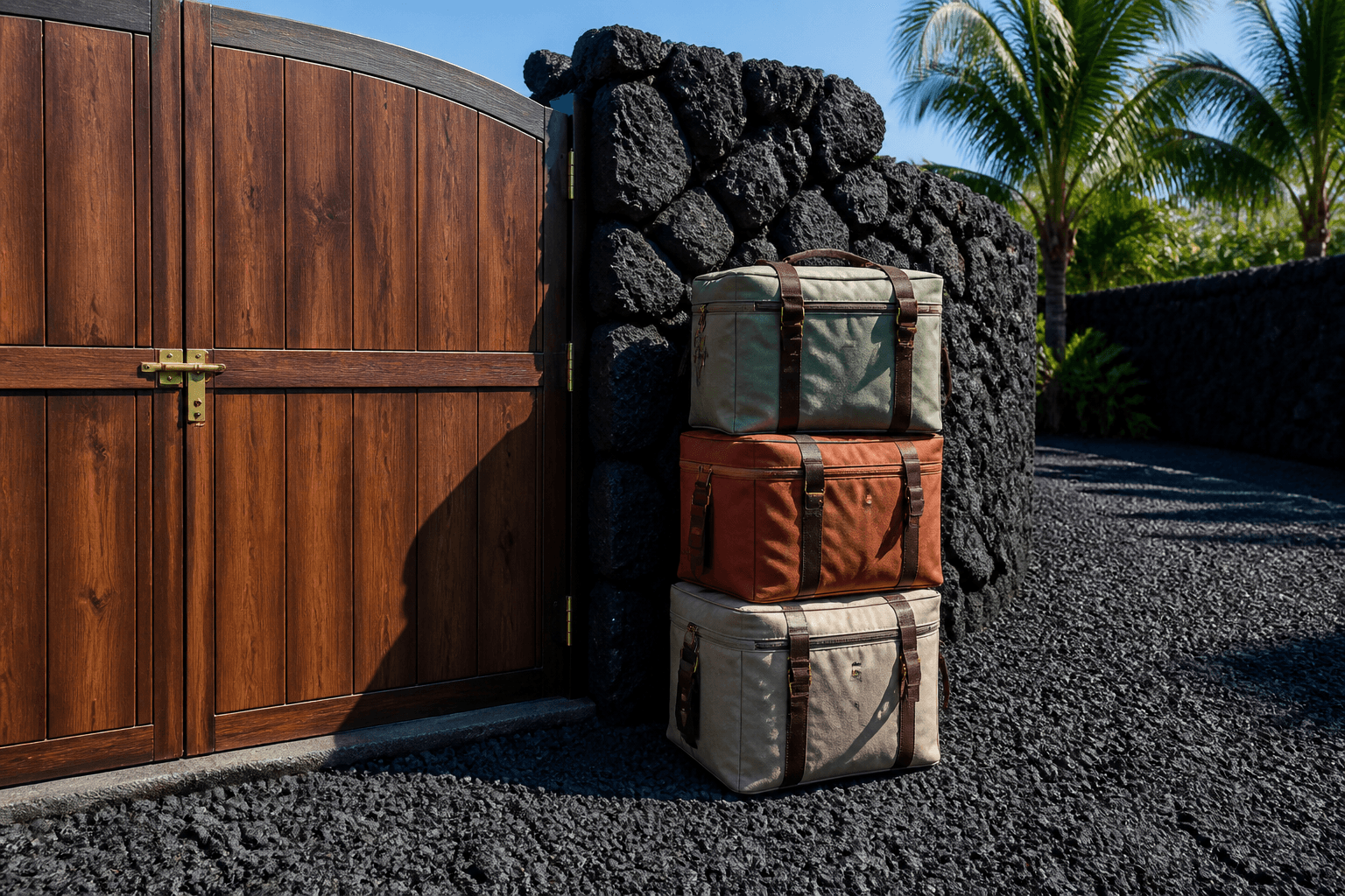 Stacked canvas coolers beside a closed west-side lava-rock gate in hard sun, no logos.