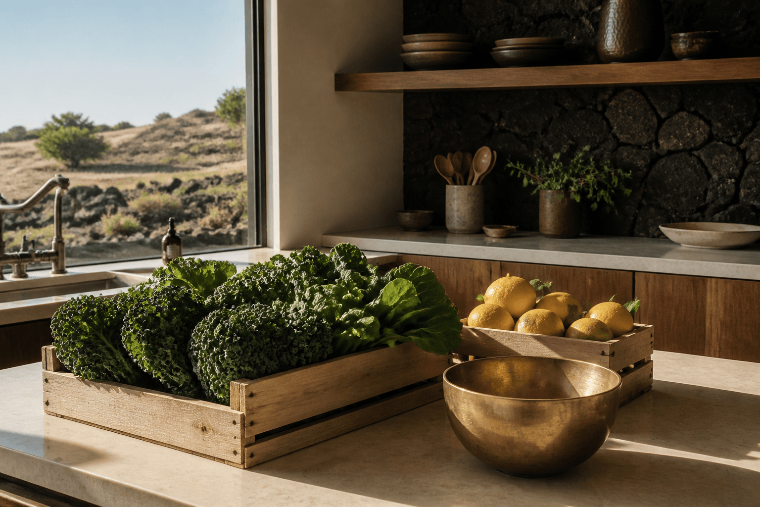 Unmarked produce crates of greens and citrus on a west-side kitchen counter in hard sun, lava-stone.