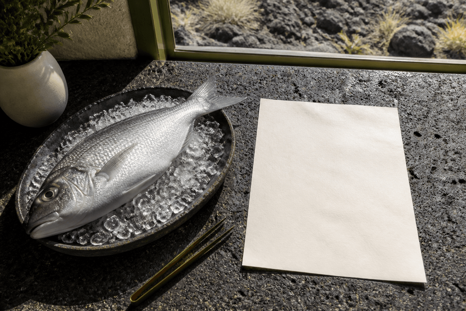A whole unmarked silver fish on crushed ice on a Kohala lava-stone counter in hard sun, blank cream paper beside it.