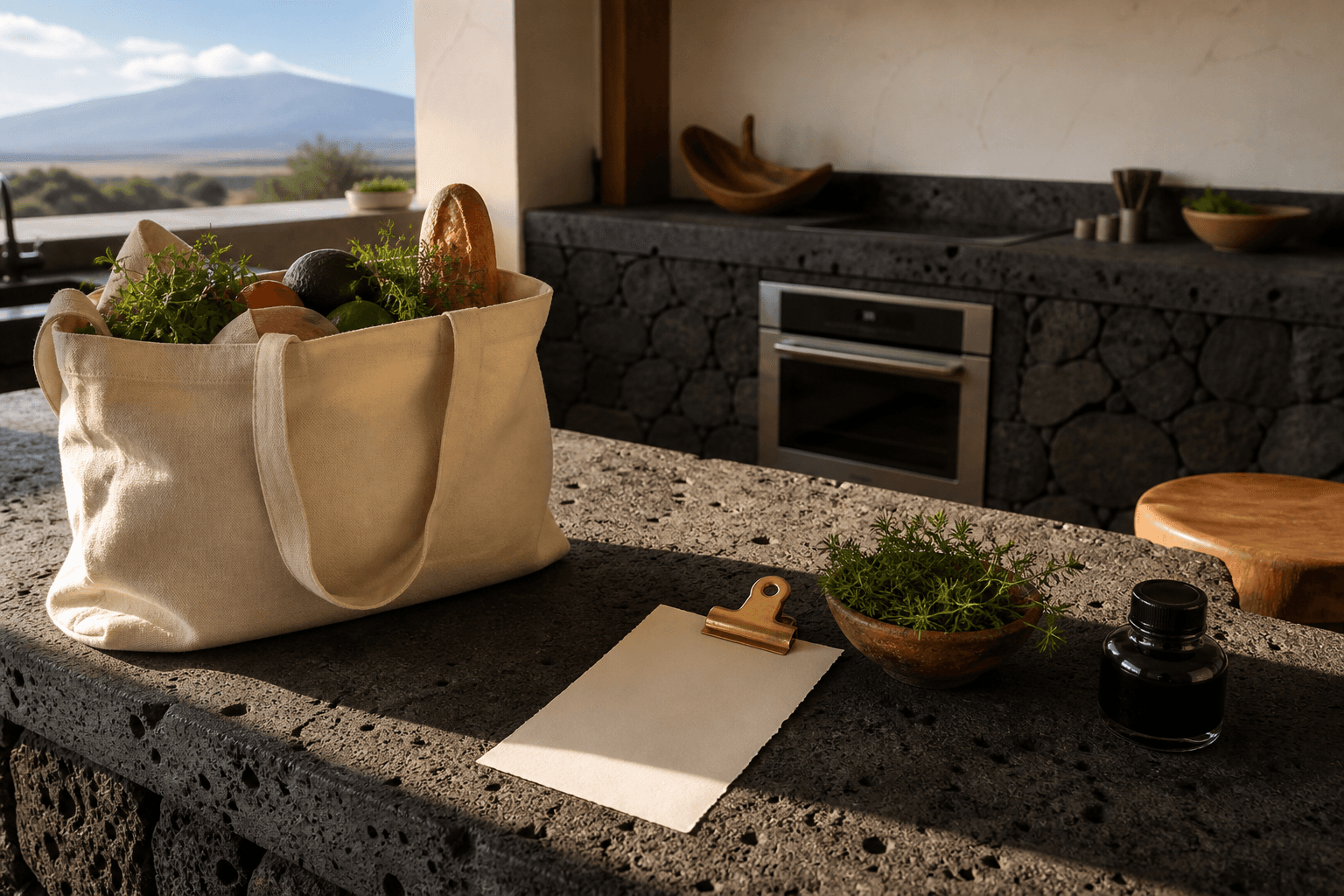 A canvas grocery tote and blank receipt paper on a Kona lava-stone counter in hard sun.