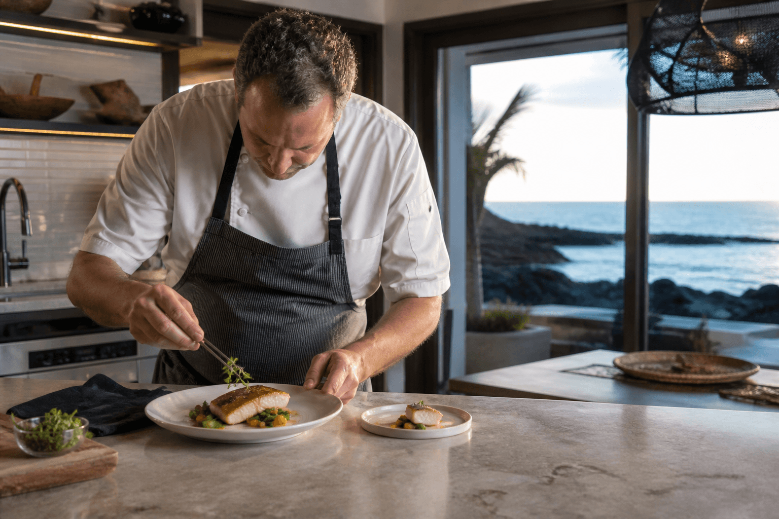 A chef plating a smaller ivory kids plate beside an adult fish course in a Kona villa kitchen, lava coast.