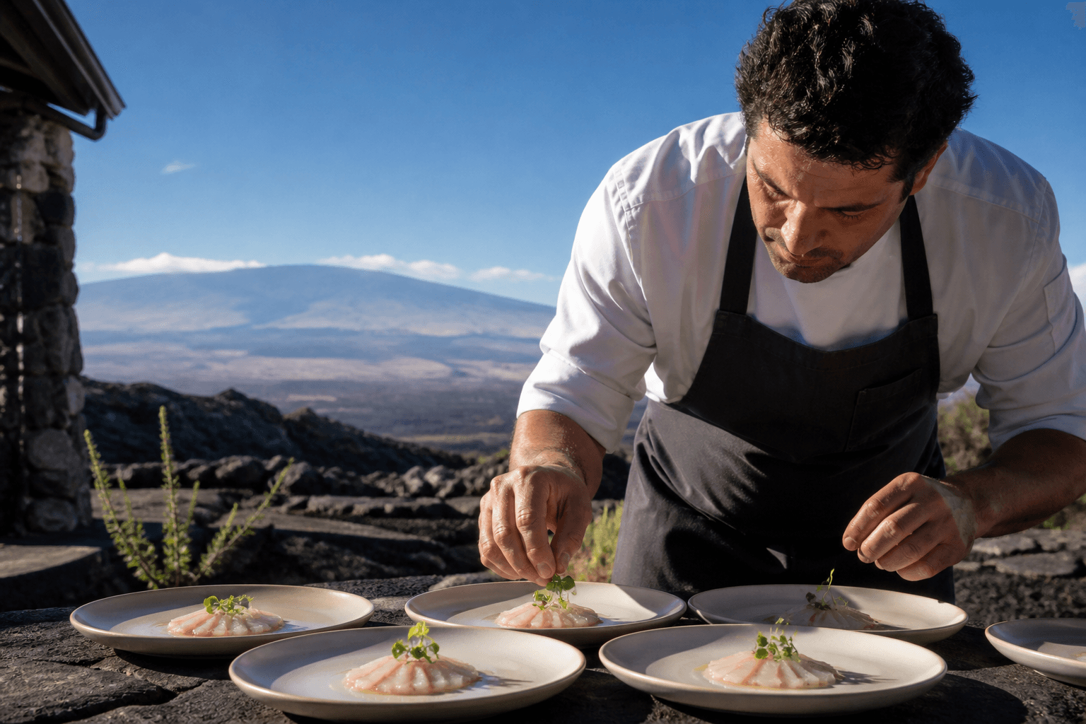 A chef plating a midday kanpachi lunch on a Kohala lava terrace in hard sun, Mauna Kea distant.