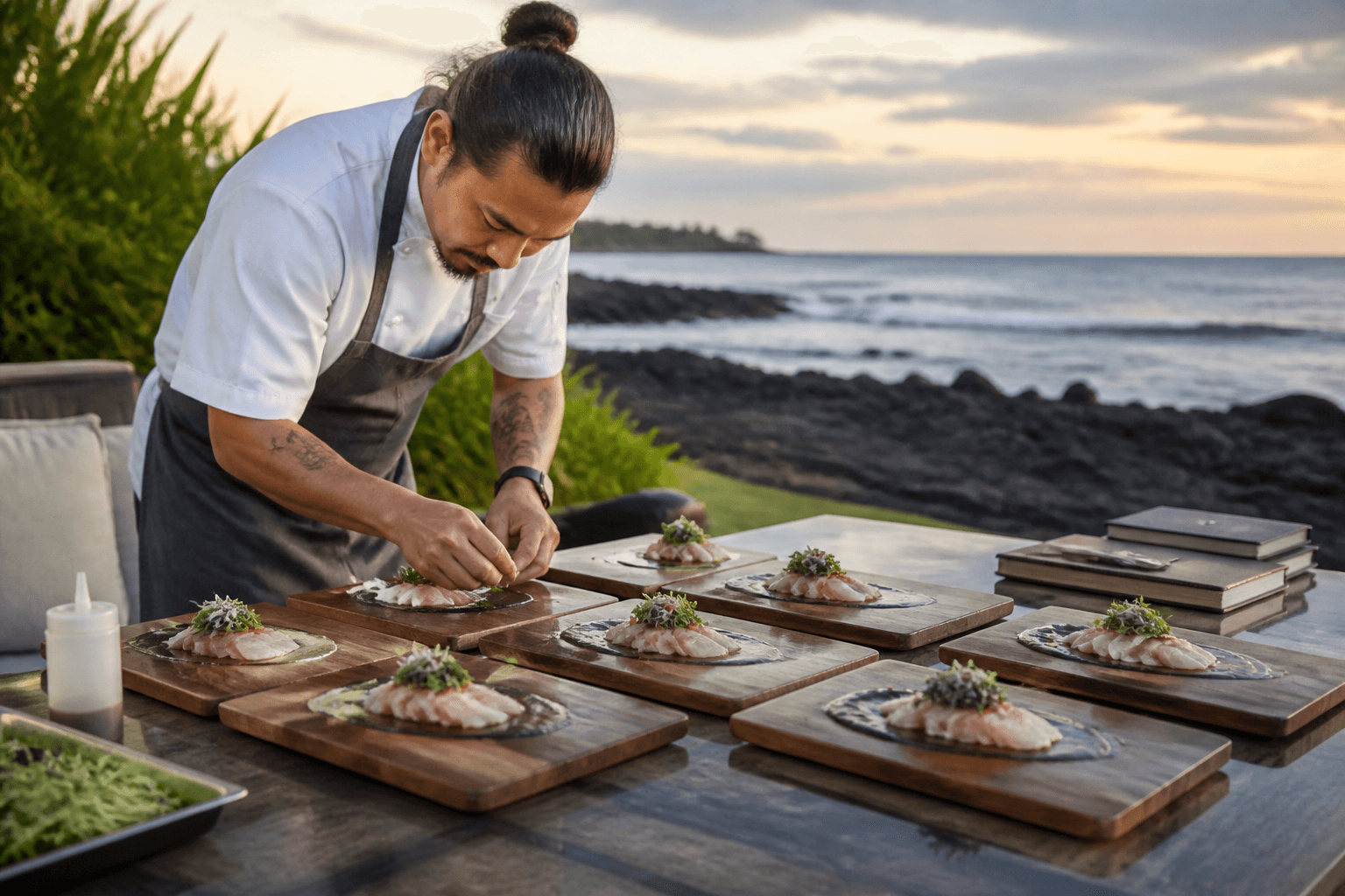 A chef plating identical board-dinner kanpachi courses on a Waikoloa house table, unused notebooks aside.