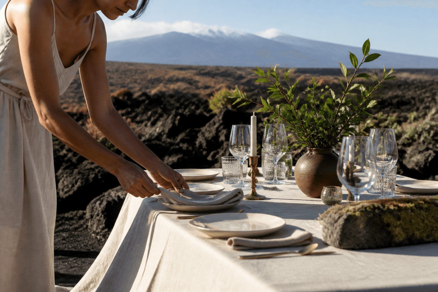A Kohala lava-terrace table being set in hard winter sun, unused ivory plates, sand linen.