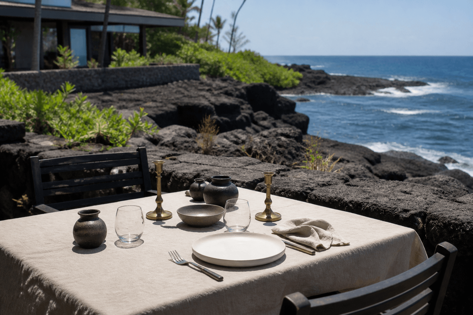 A Kohala lava-terrace table set for two, empty ivory plates, hard sun.