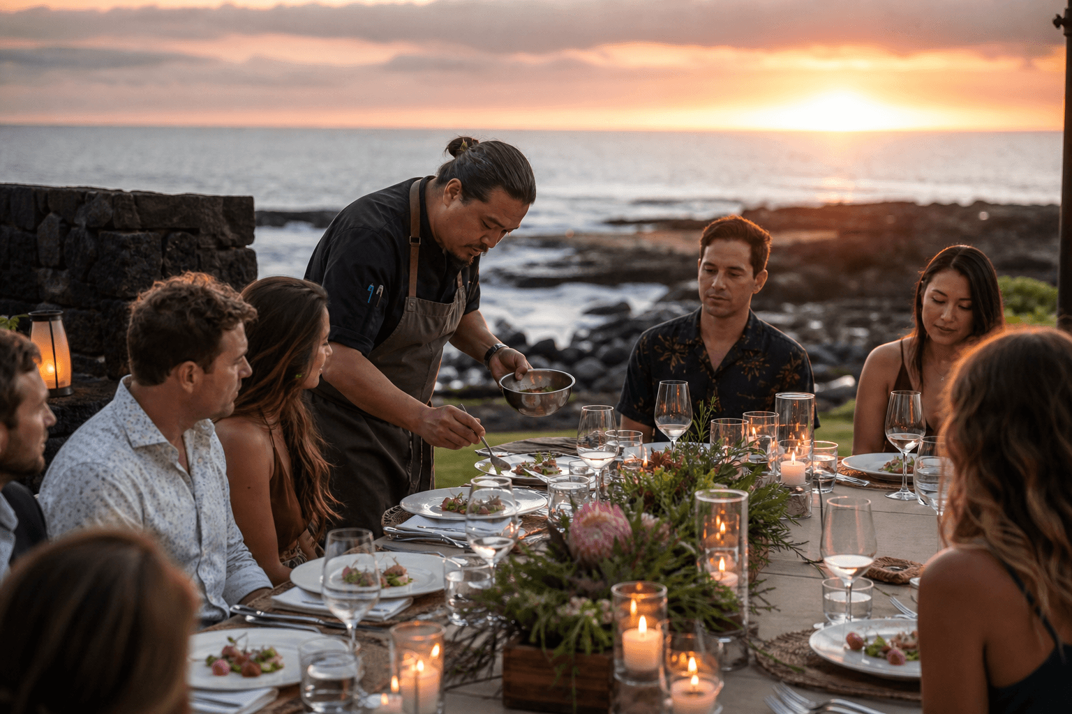 A chef plating a seated rehearsal dinner for about eight on a Kohala lava terrace at sunset, candles.