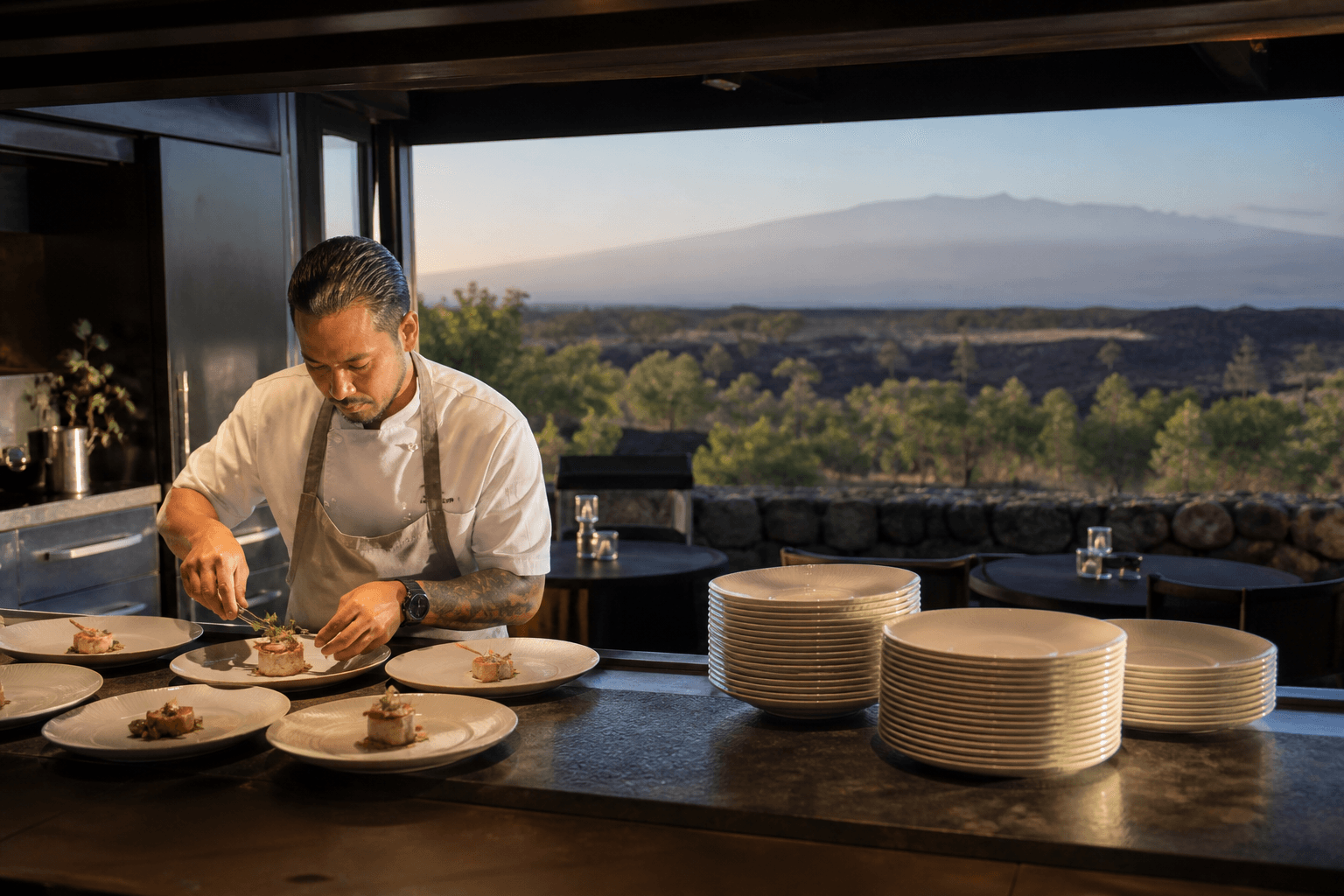 A chef at a Kohala kitchen pass with stacked ivory plates for a full-board retreat day, lava terrace beyond.