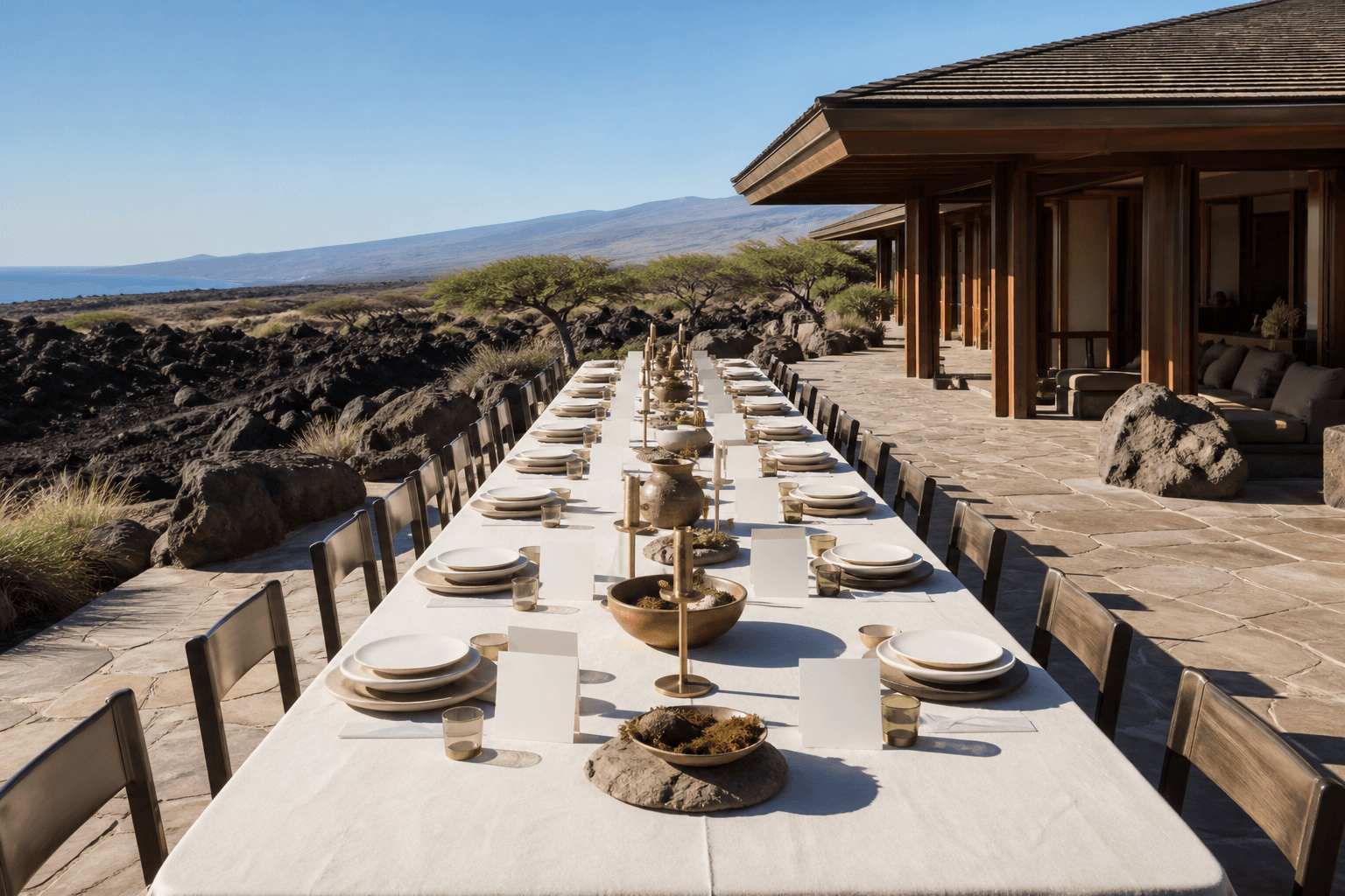 A long west-side dining table set for a family, empty ivory plates, hard sun.