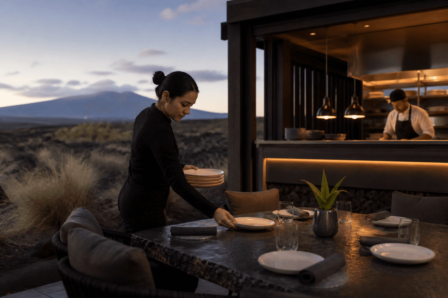 A server setting unused ivory plates on a Kohala lava-terrace table, Mauna Kea faint.