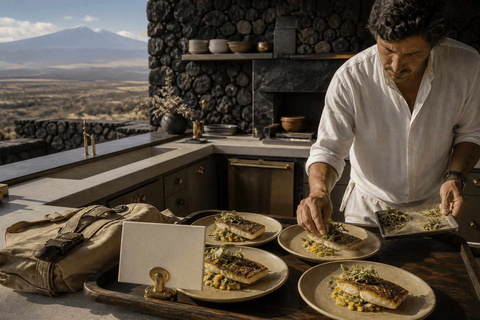 Identical plated meals on a Kona lava-stone island, blank cream cards, hard sun.