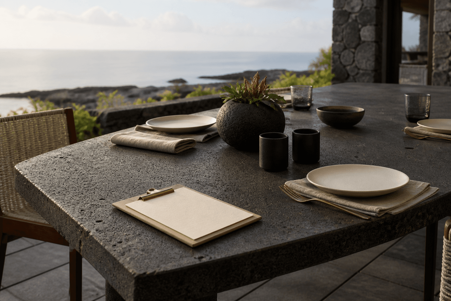 An empty west-side lava-terrace table in softer morning light, folded sand linen.
