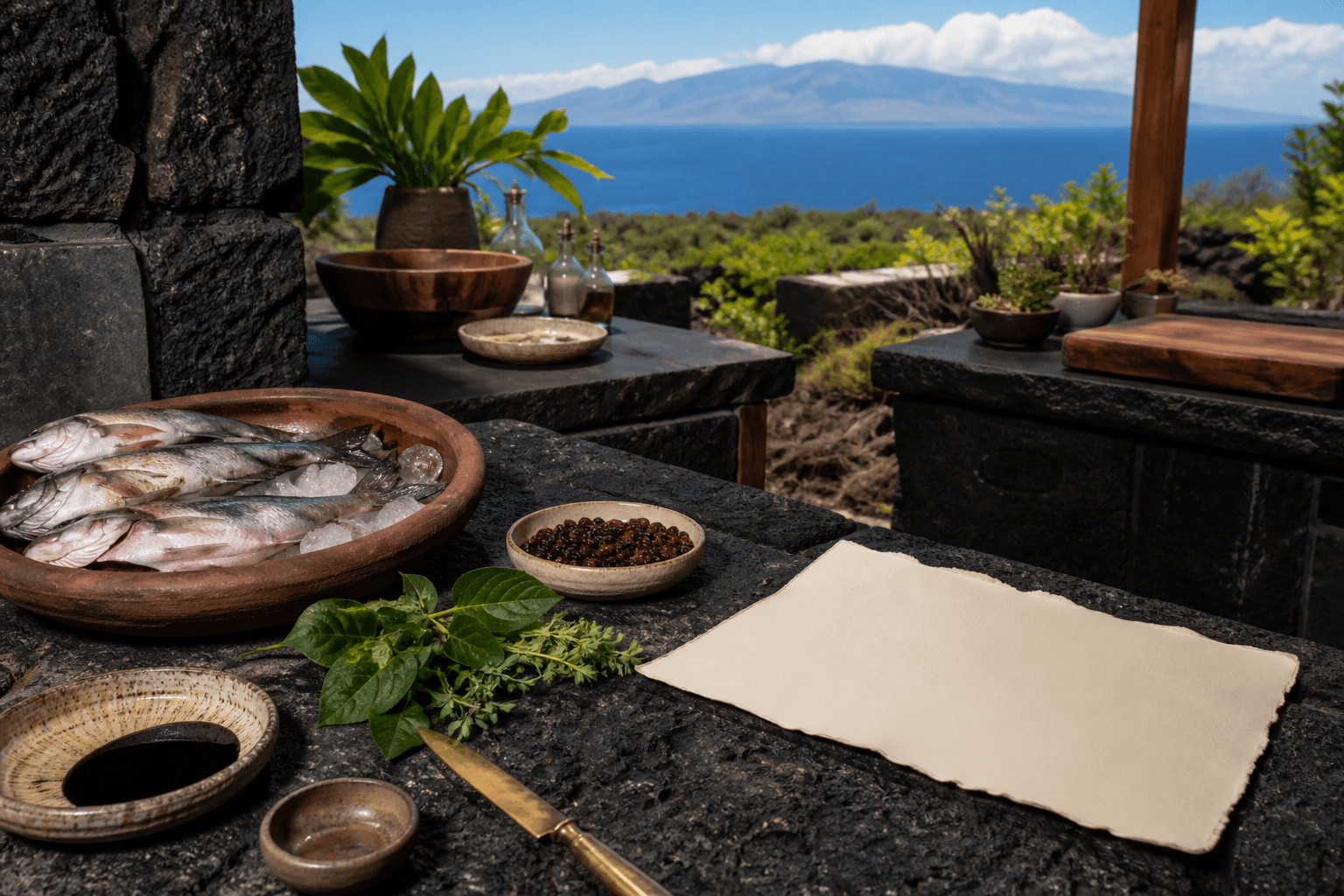 Whole fish on ice and coffee cherries on a Kona lava-stone counter in hard sun.