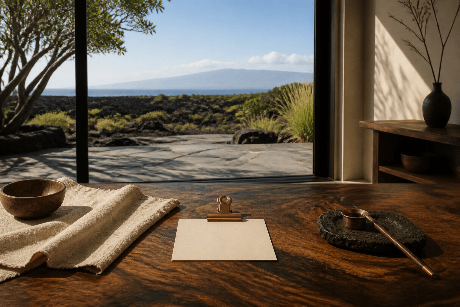 Folded sand linen on a Kohala lava-terrace table in hard sun, covered room beyond.