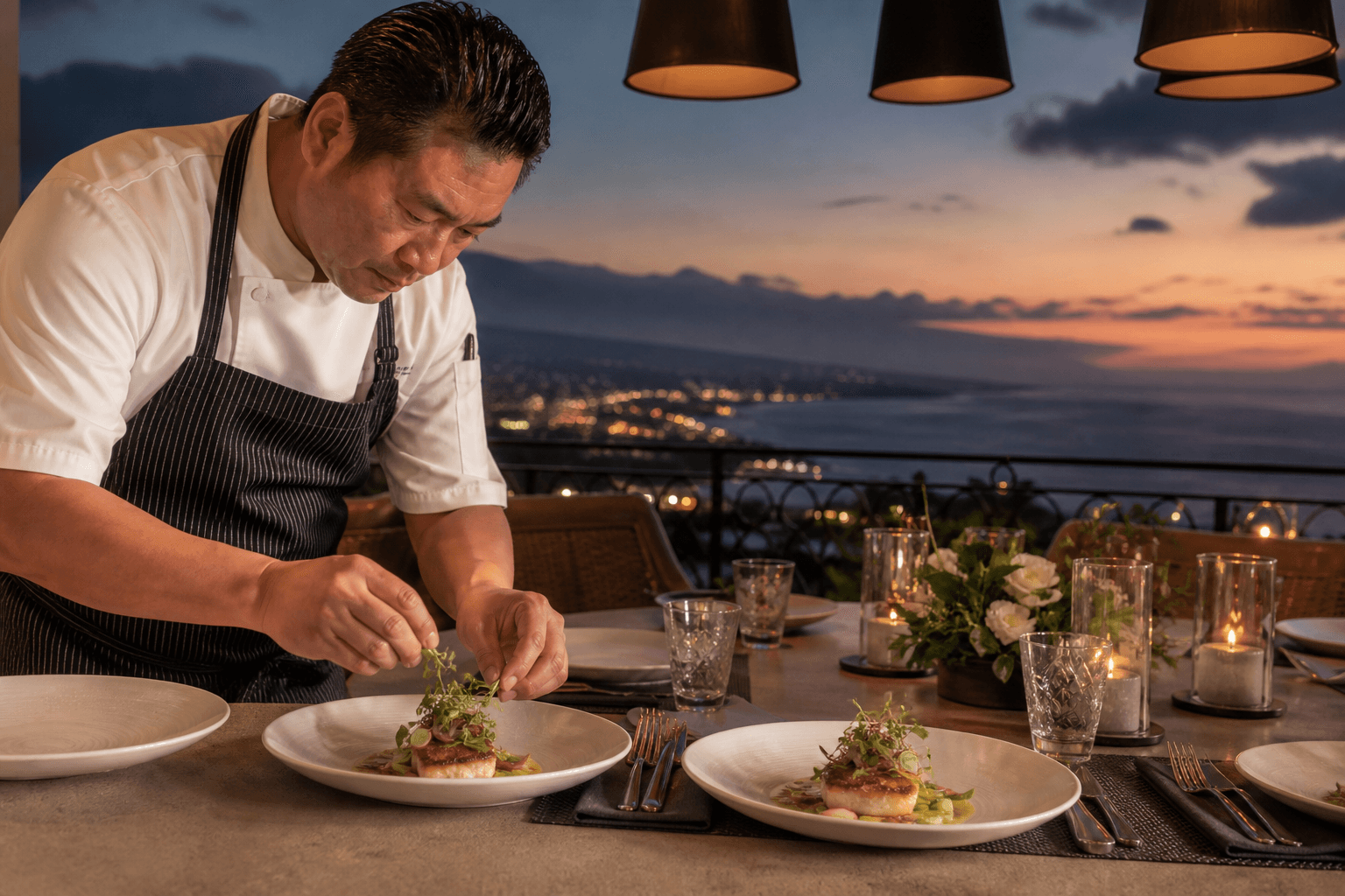 A chef plating a first-night welcome dinner on a Kailua-Kona villa terrace at dusk, town lights below.