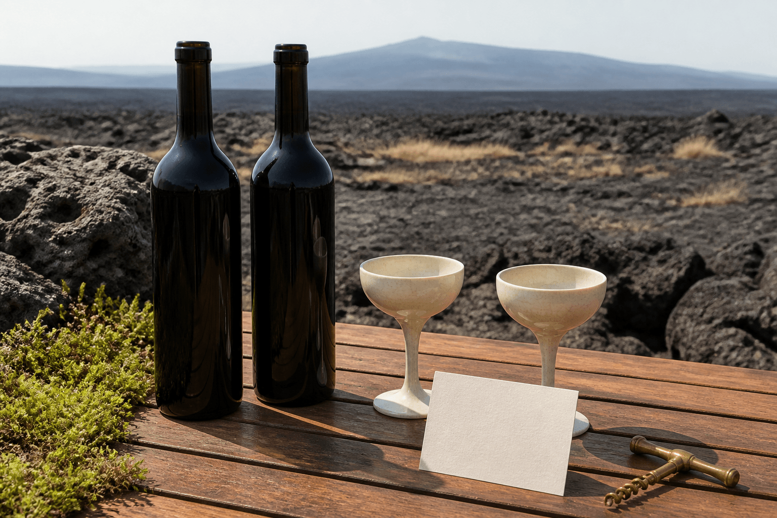 Unlabelled bottles and empty ivory coupes on a Kohala lava-terrace table in hard sun.
