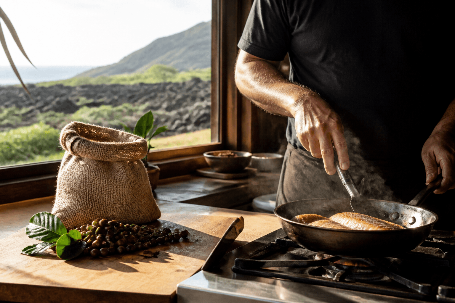 Coffee cherries and searing fish in a Kona kitchen — origin labeled when the law requires it.