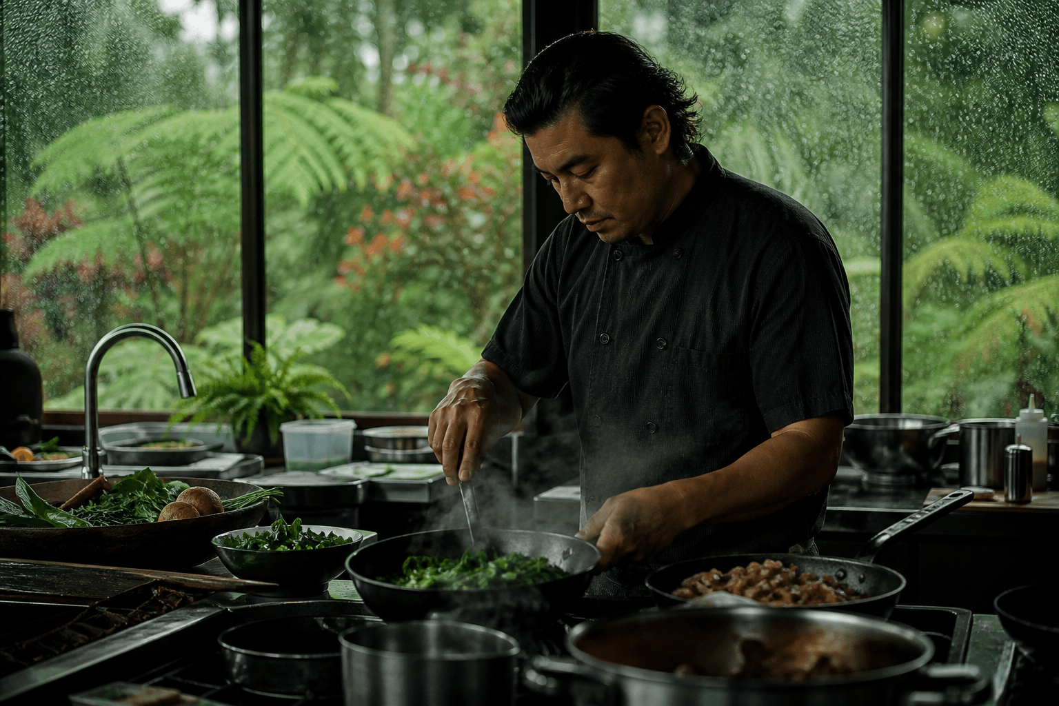 A rainy Hilo house kitchen — ʻōhiʻa and ferns outside, east-side mist, not west-side lava.