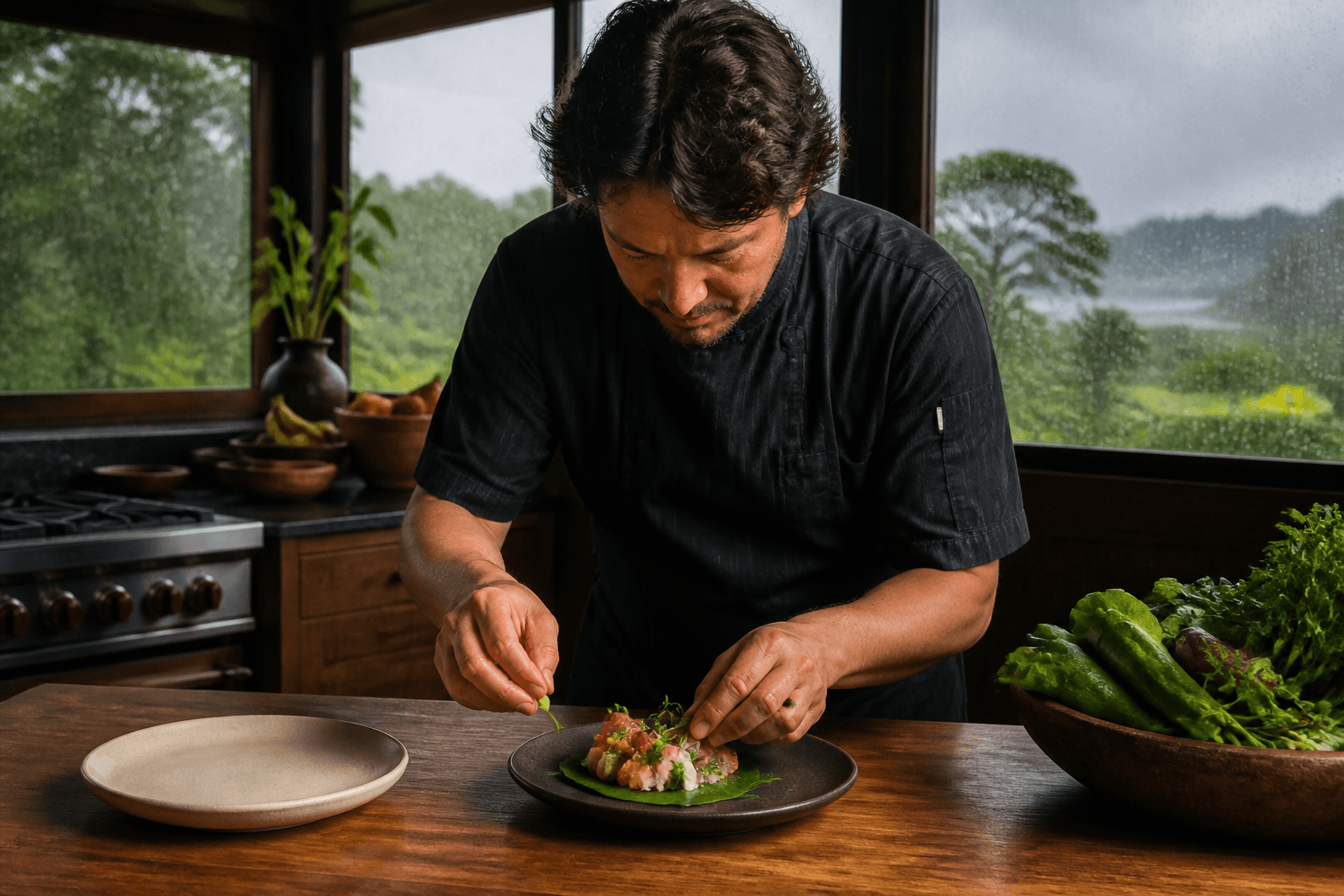 A Hilo town house kitchen in rain — ʻōhiʻa and ferns, east-side mist, plated fish, dedicated day.