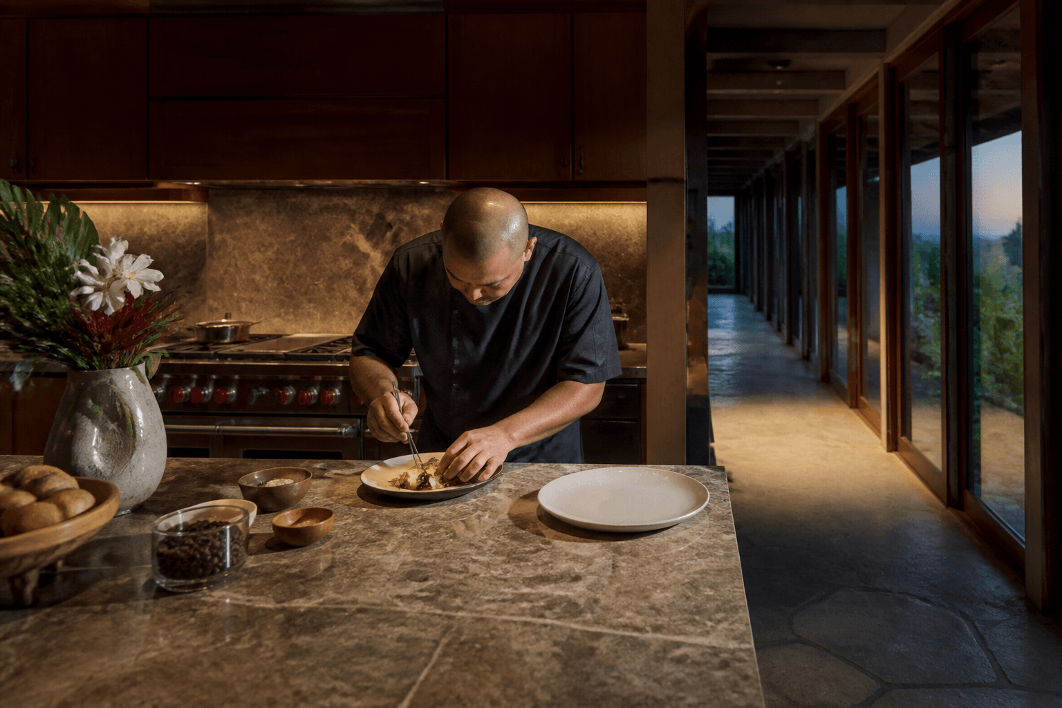 A Hōlualoa mauka kitchen above Kona — cooler elevation, unlabeled coffee, plated west-side fish.