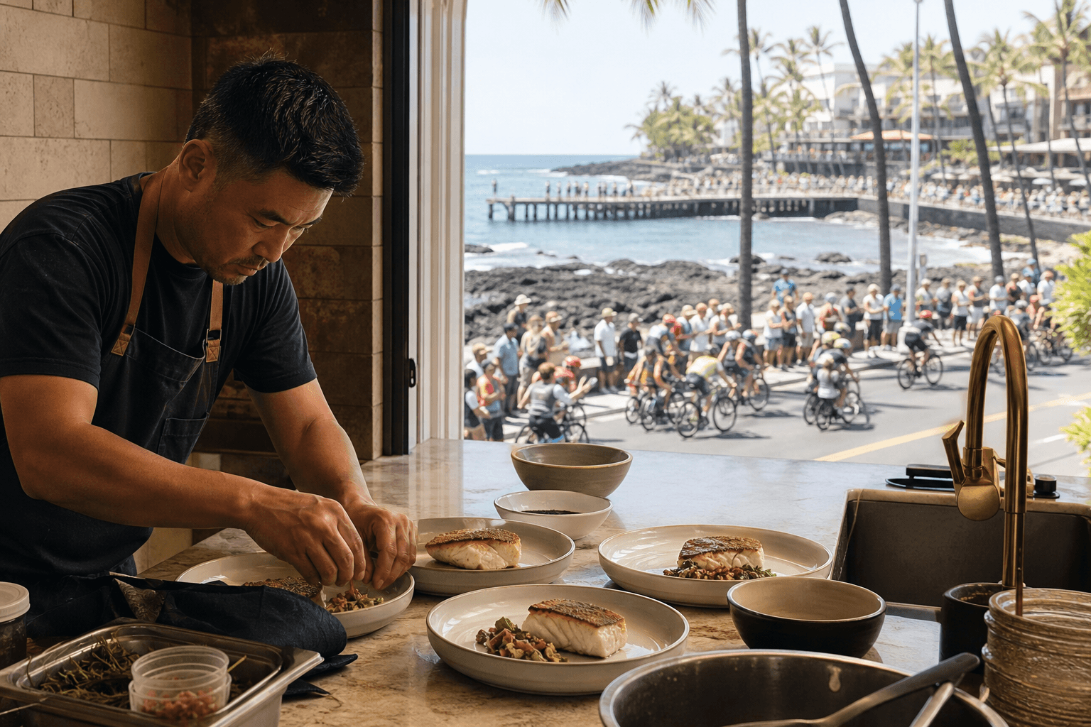 A Kailua-Kona villa kitchen on a crowded pier week — chef plating breakfast, town packed below.