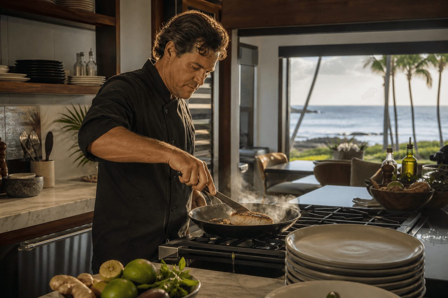 A Kailua-Kona town villa kitchen — west-side town, Aliʻi light, plated kanpachi, inquiry.