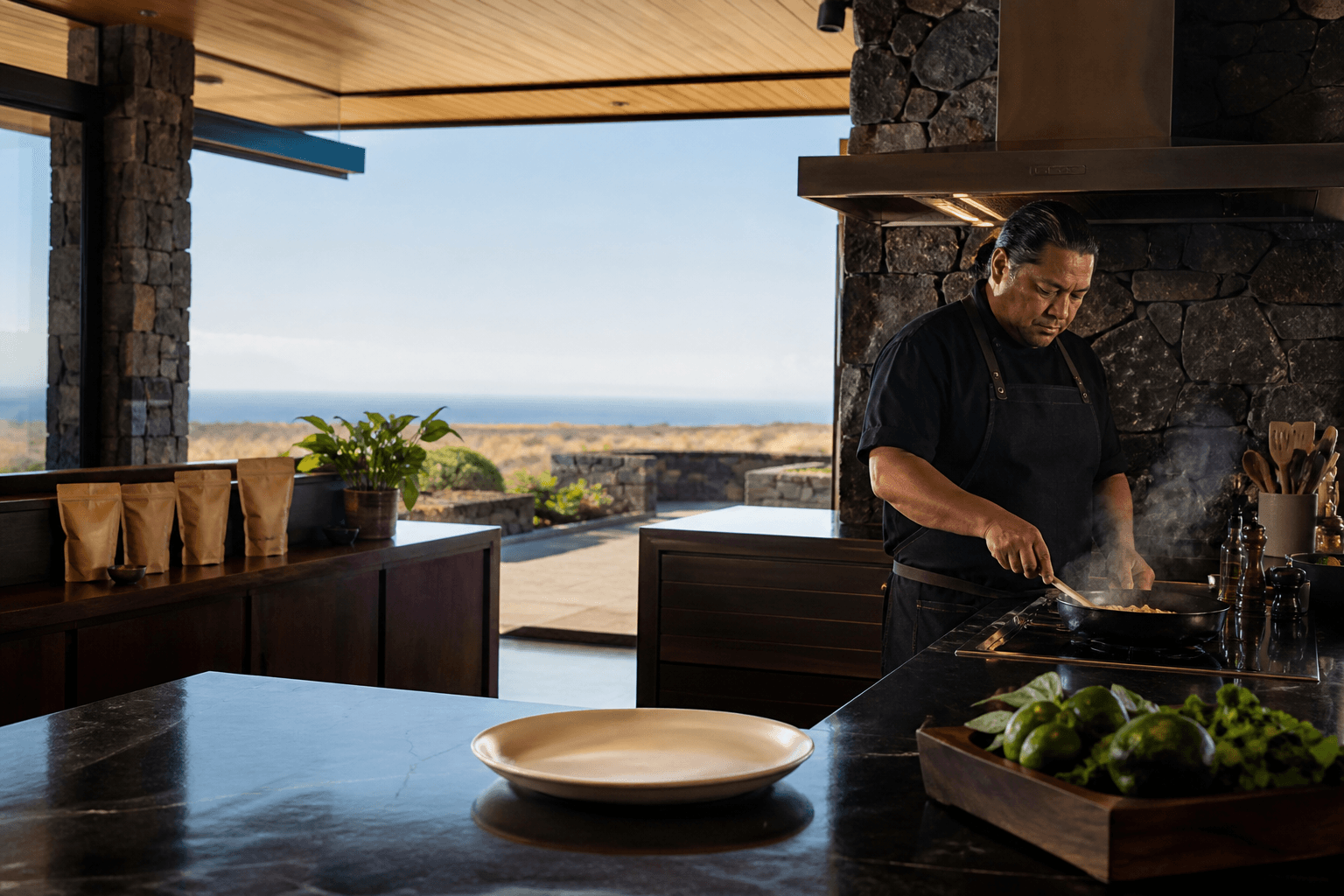 A Kaʻū south estate table — dry south light, unlabeled coffee bags aside, plated fish, dedicated day.