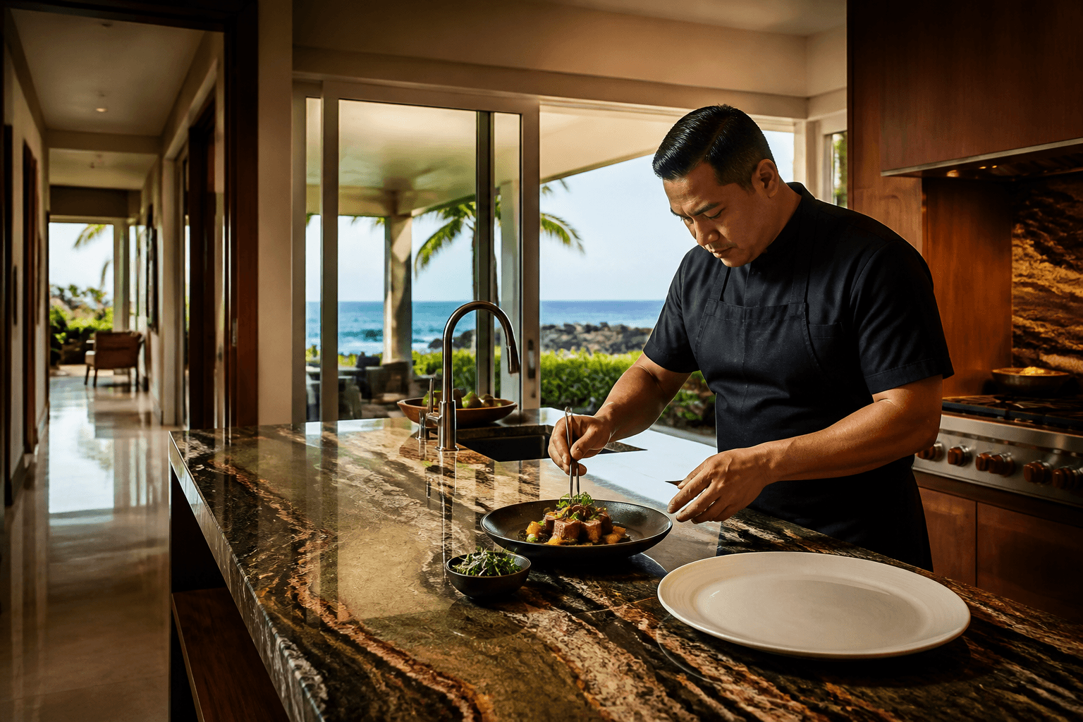 A Keauhou resort-residence terrace south of town — still west side, plated fish, bay light.