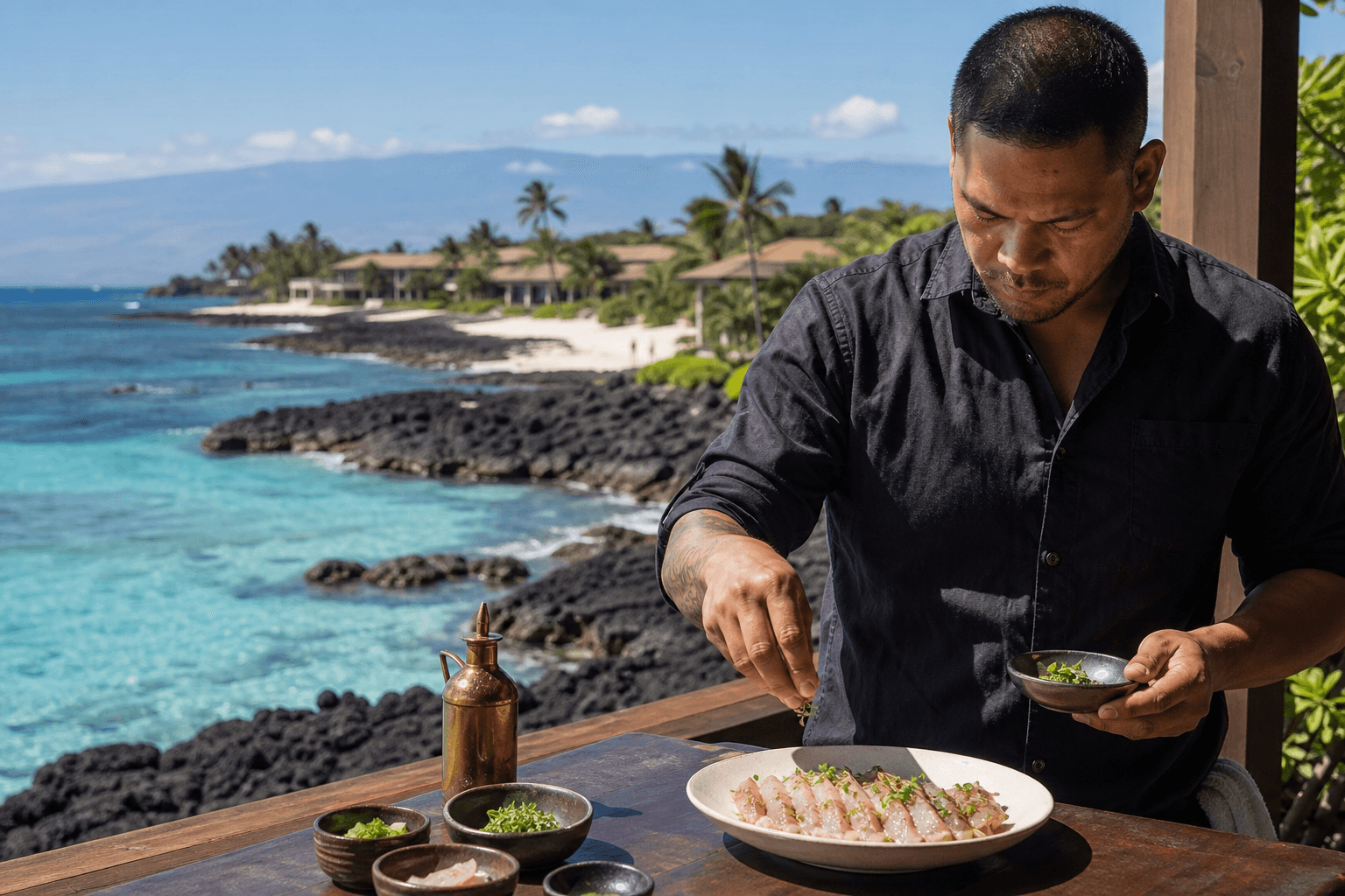 A Kohala lava-coast terrace looking along the west-side shoreline — plated kanpachi, Mauna Kea faint.