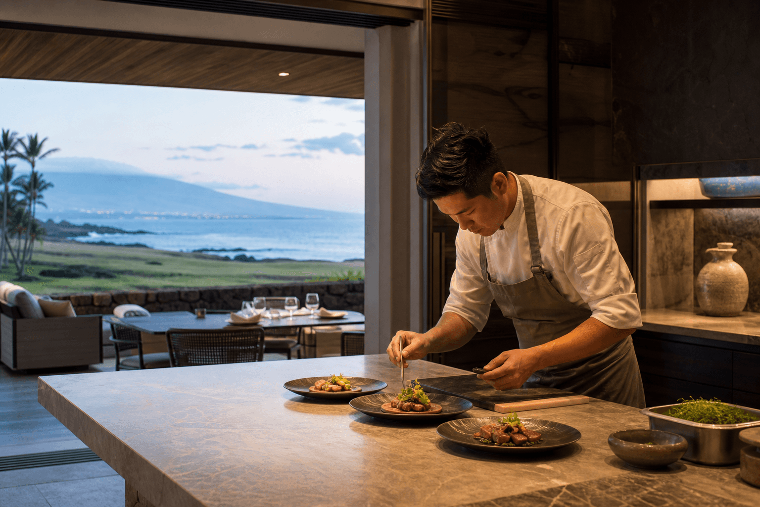 A Mauna Kea resort-belt villa table — Kohala coast, not the summit, plated fish, Mauna Kea faint.