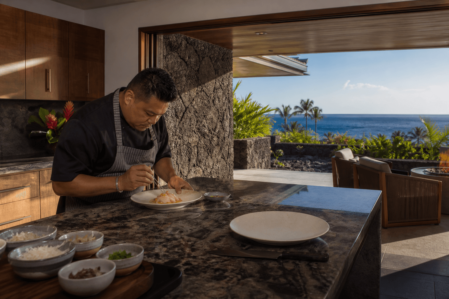 A Mauna Lani Kohala resort-residence table — lava terrace, plated kanpachi, one community not the island.