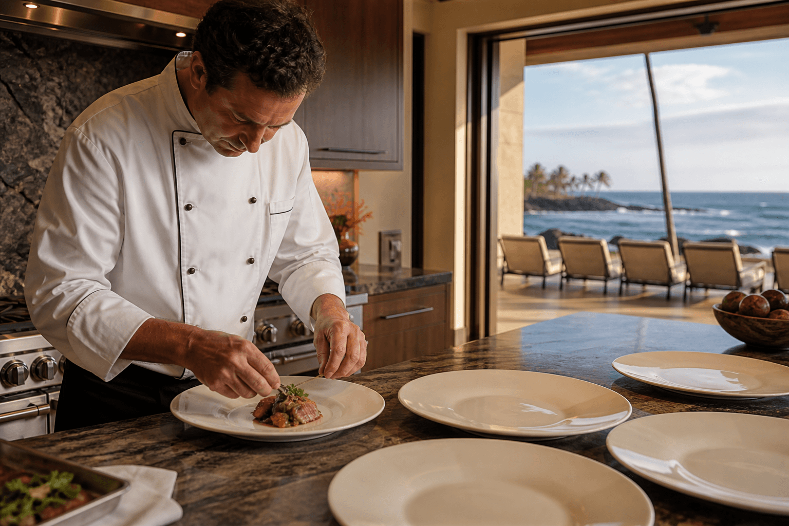A Puakō residential villa table between Waikoloa and Mauna Lani — lava coast, plated kanpachi.