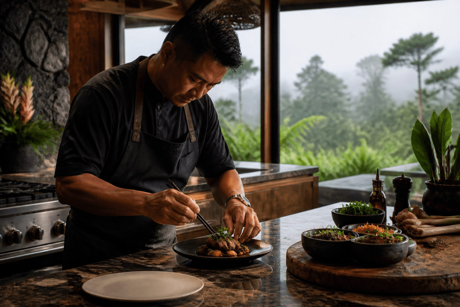 A Volcano lodge kitchen in mist — cooler elevation, ferns, plated evening, dedicated east-side staff.