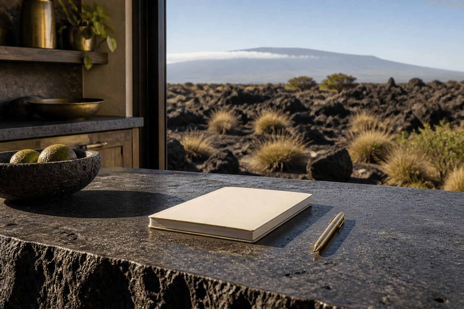 A Kohala lava-stone desk in hard sun with a closed unmarked notepad and brass pen, no telephone, Mauna Kea faint.