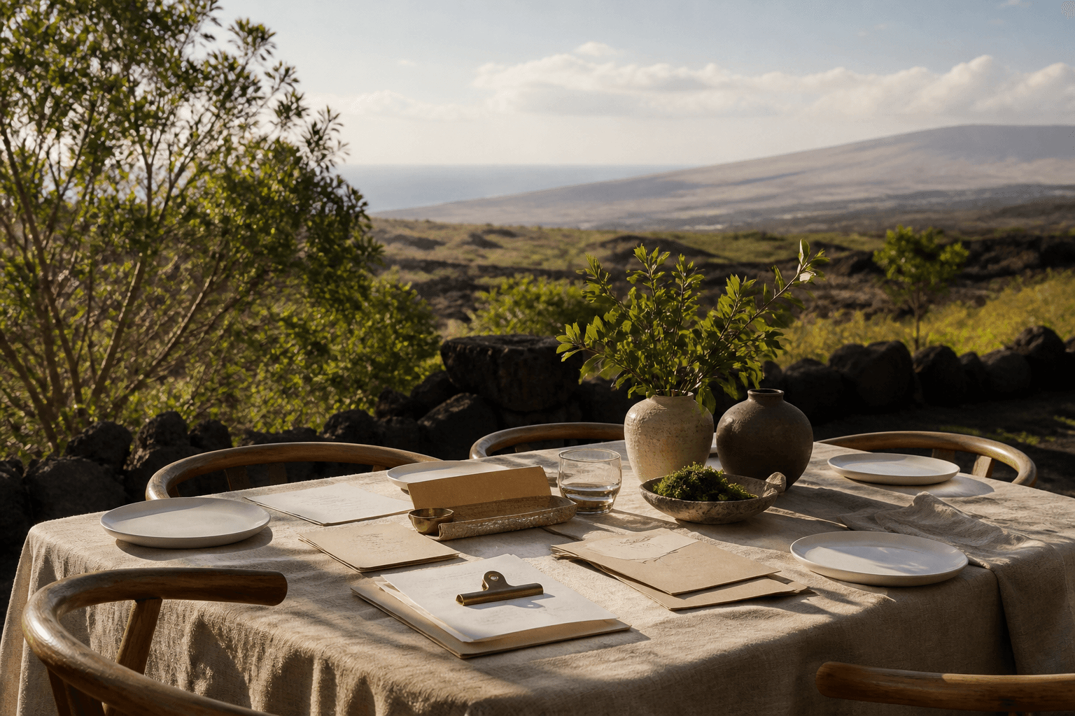 Unused ivory plates and unmarked papers on a Kohala lava terrace in hard sun.