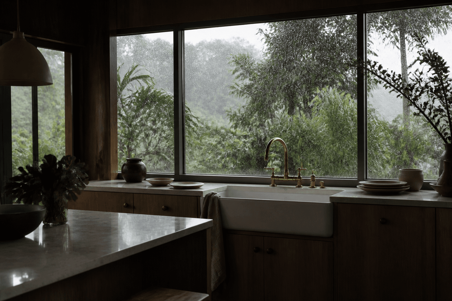 A Hilo east-side house kitchen in rain, unused ivory plates, wet glass, moss-green foliage.