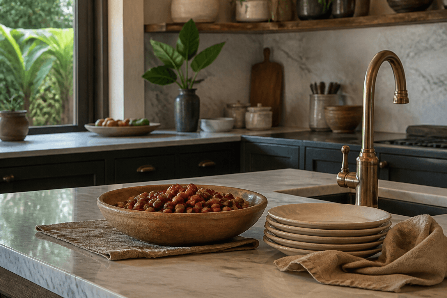 A Hōlualoa mauka kitchen, unused ivory plates, unmarked coffee cherries in a clay bowl.
