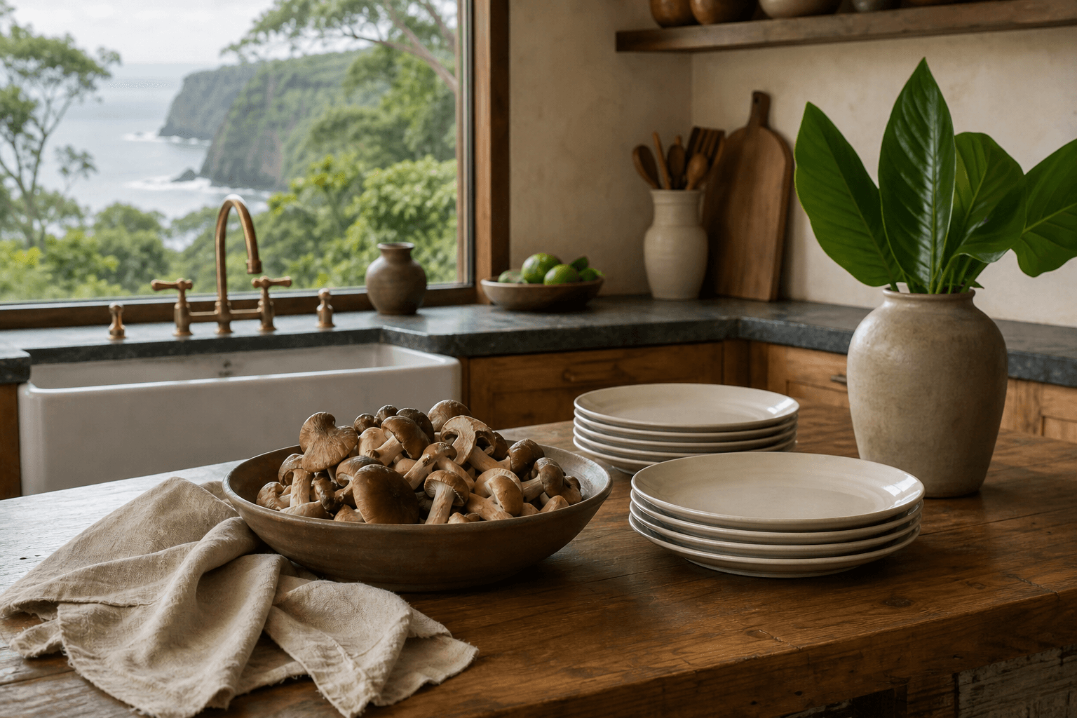 A Honokaʻa Hāmākua kitchen, unused ivory plates, moss-green windward coast through a window.