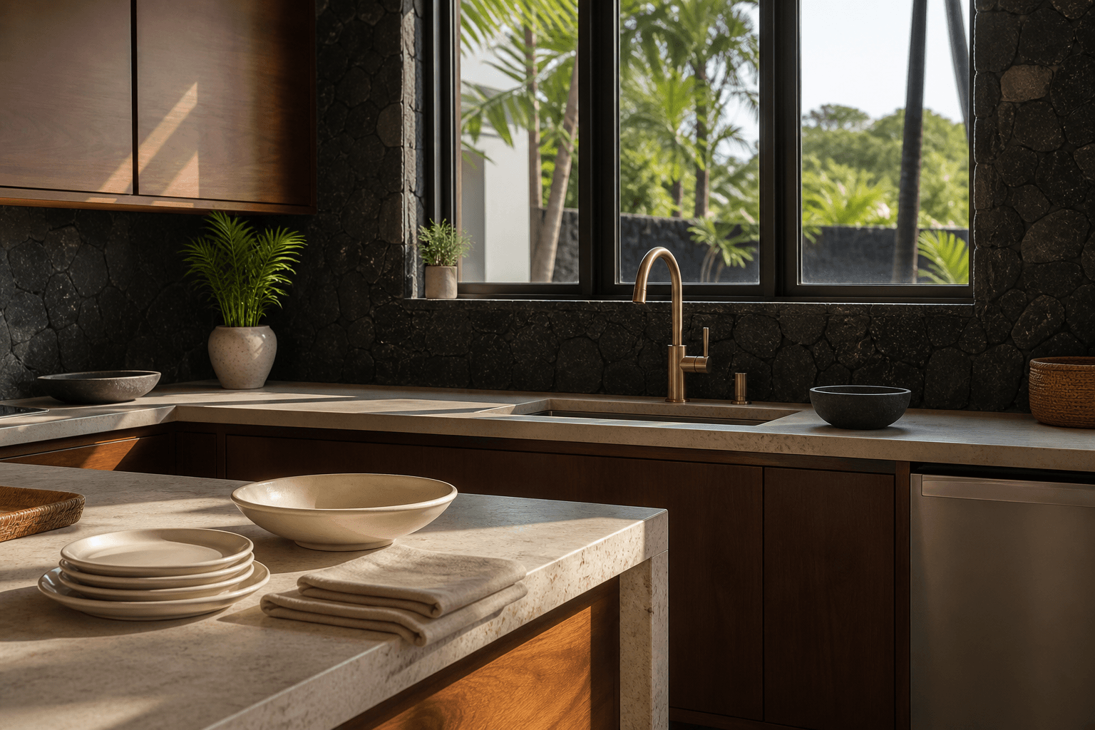 A Kailua-Kona town kitchen in hard sun, unused ivory plates, lava-stone detail.