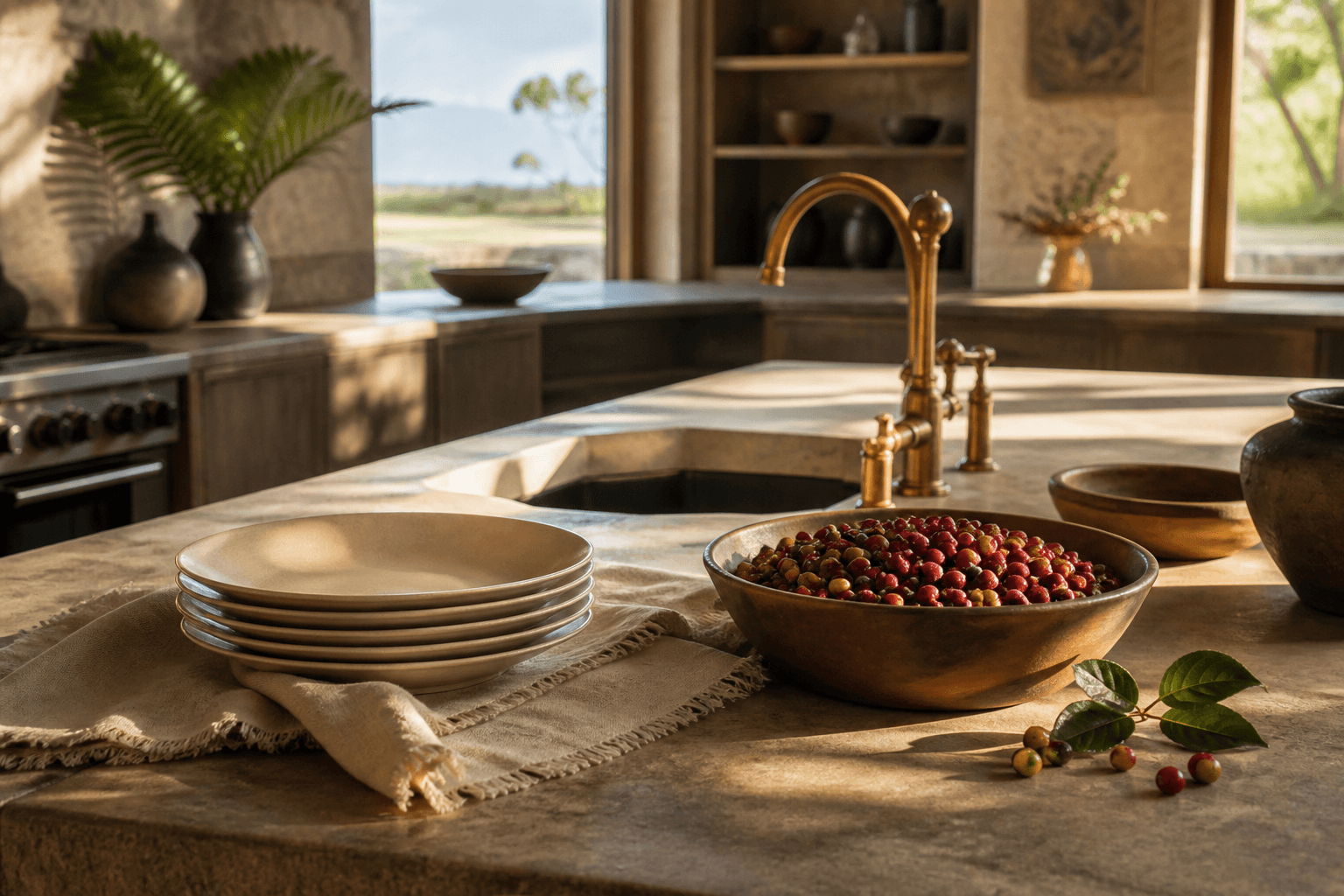 A Kaʻū south-side estate kitchen, unused ivory plates, unmarked coffee cherries in a clay bowl.