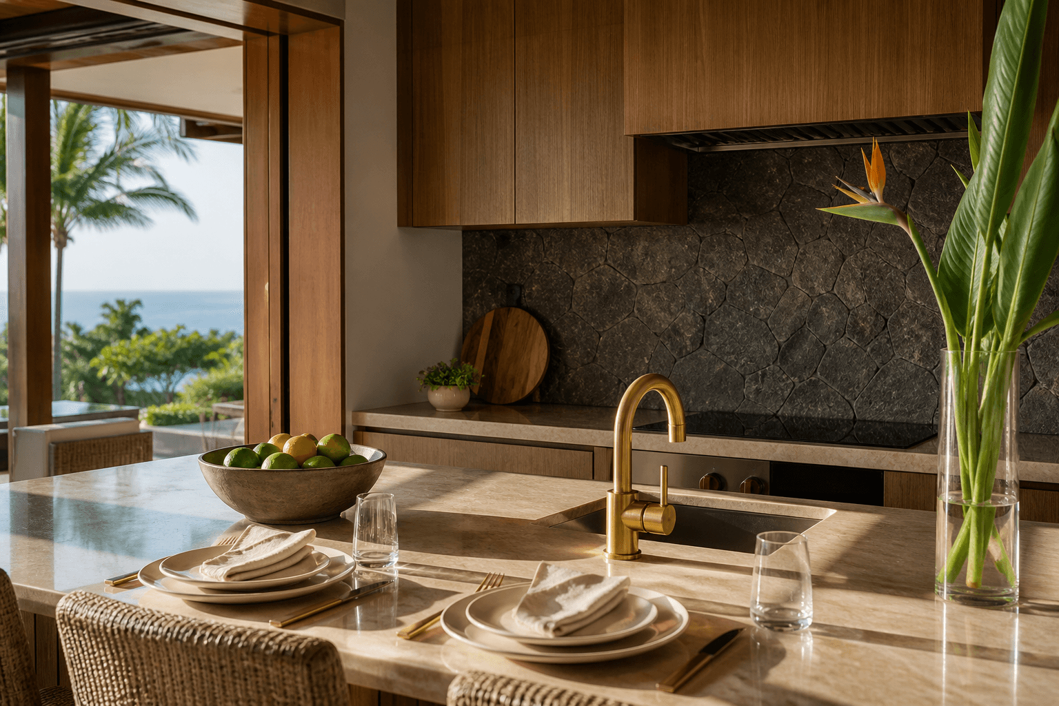A Keauhou resort-residence kitchen in hard sun, unused ivory plates, lava-stone backsplash.