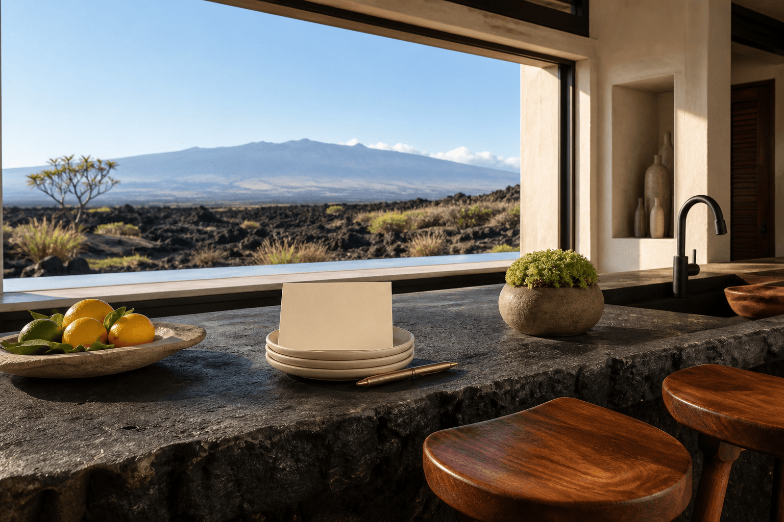 A Kohala Coast lava-stone counter, blank cream card, dry lava field in hard sun.